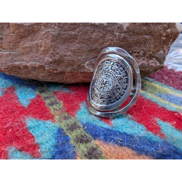 Vintage Aztec Calendar Ring, Southwestern Silver Ring Size 8 - Picture 2 of 10
